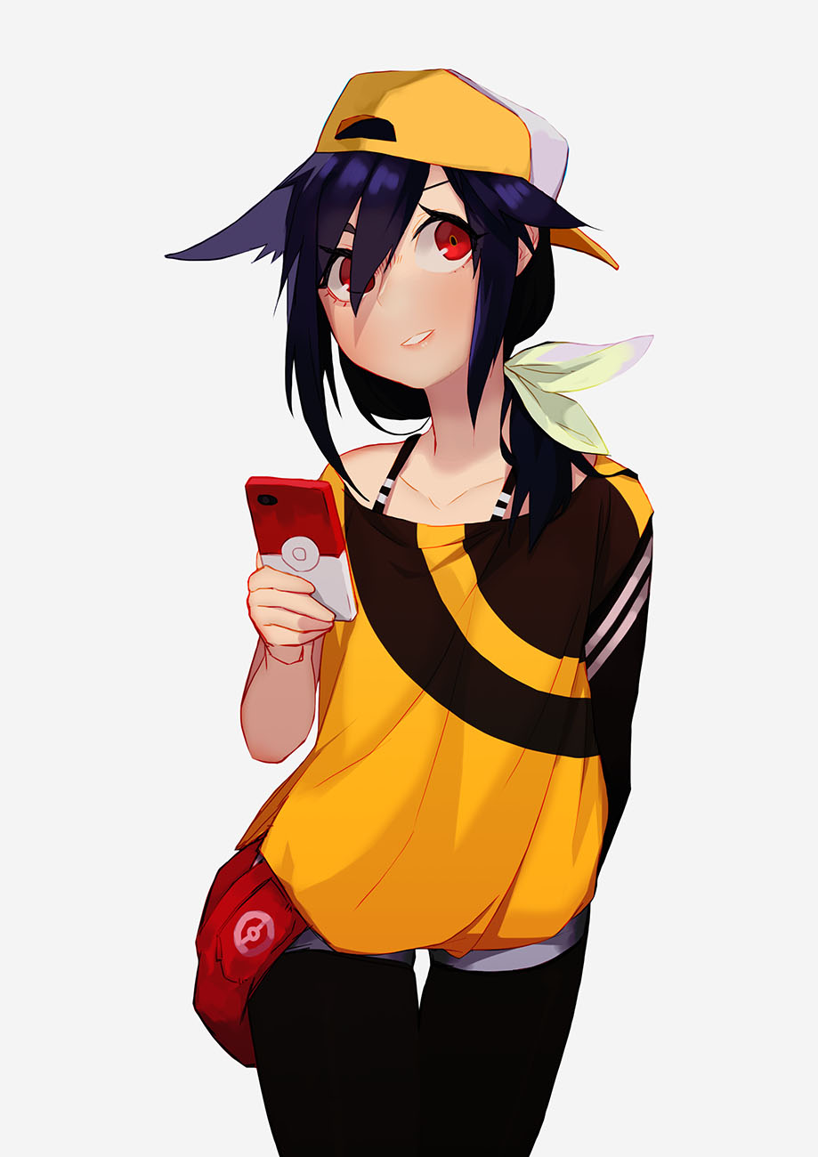 1girl arm_behind_back backwards_hat baseball_cap belt_pouch black_legwear blue_hair bow cellphone female_protagonist_(pokemon_go) grey_background hair_bow hat highres holding_cellphone juz off-shoulder_shirt phone pokeball_symbol pokemon pokemon_go ponytail red_eyes shirt shorts simple_background smartphone spaghetti_strap thigh_gap white_bow