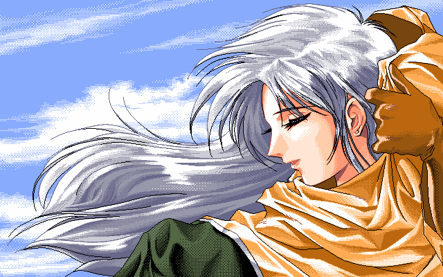 1girl artist_request blue_sky cape close-up closed_eyes clouds day earrings eyebrows francesca_(hercequary) from_side game_cg gloves hair_blowing hercequary hood jewelry lips long_hair open_mouth orange_gloves outdoors pc98 silver_hair sky solo wind