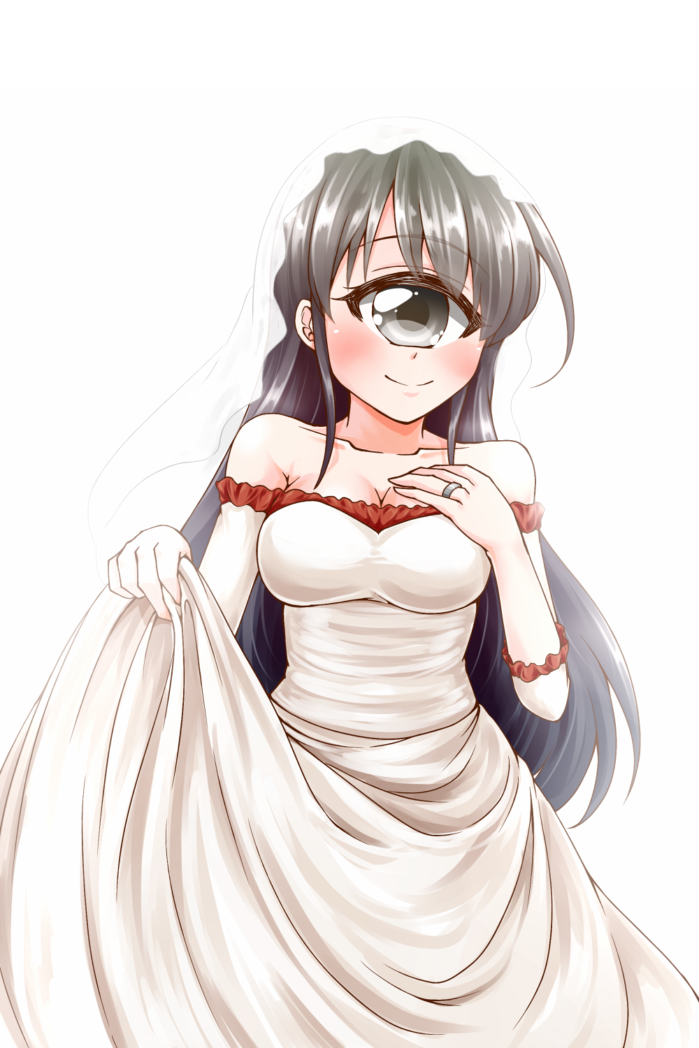 1girl ai_(monster_musume) akahito_(kemoyuru) bare_shoulders black_eyes black_hair bridal_veil collarbone cowboy_shot dress hand_on_own_chest highres jewelry long_hair monster_girl monster_musume_no_iru_nichijou monster_musume_no_iru_nichijou_online ring simple_background smile solo veil wedding_dress wedding_ring white_background