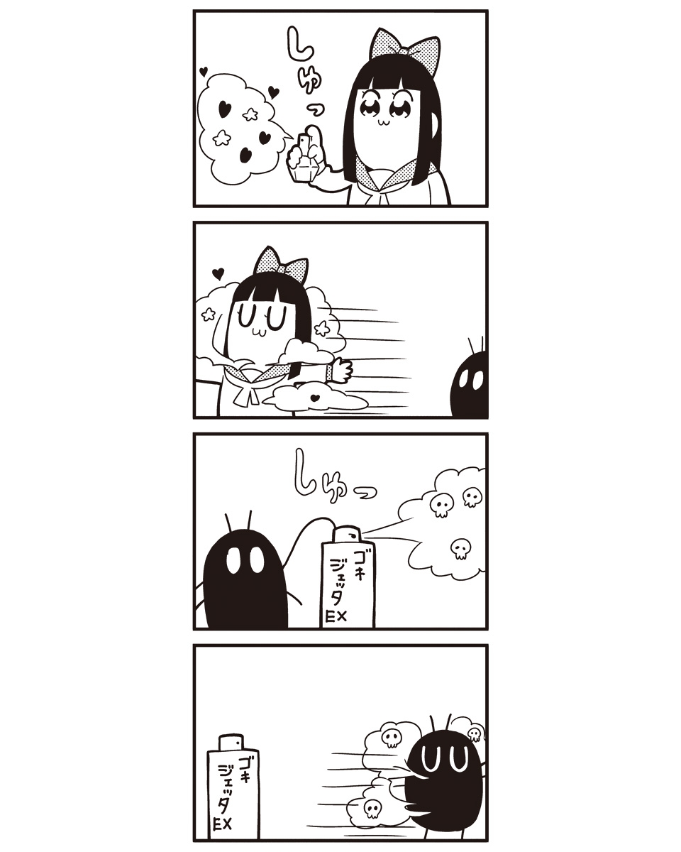 4koma :3 bkub bow cockroach comic greyscale hair_bow highres insect long_hair monochrome pipimi poptepipic school_uniform serafuku simple_background two-tone_background two_side_up