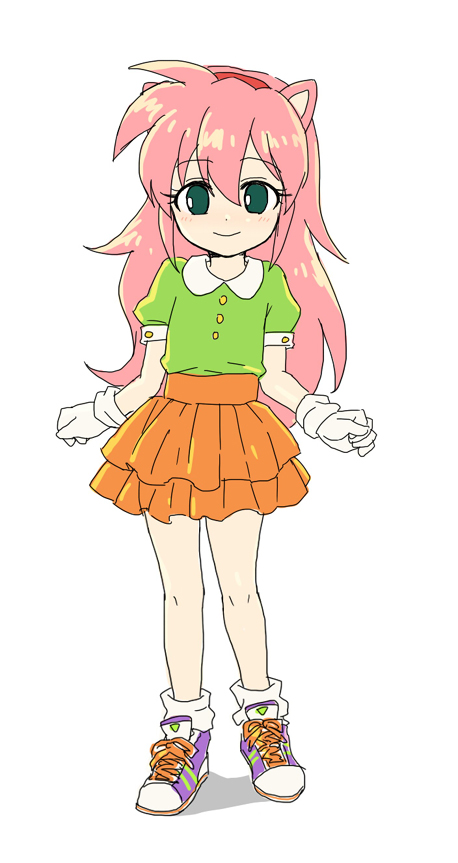 11kkr 1girl amy_rose animal_ears gloves green_eyes hairband humanization long_hair pink_hair shoes skirt smile sneakers solo sonic_cd sonic_the_hedgehog white_gloves