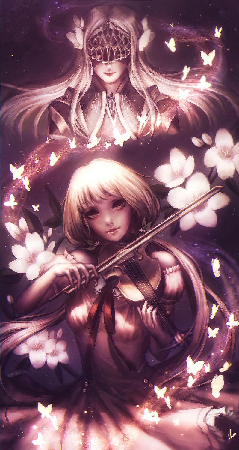 1girl 2girls artist_name blonde_hair borrowed_character bow_(instrument) breasts butterfly dress flower glowing_butterfly head_tilt highres holding_instrument instrument looking_at_viewer multiple_girls naomi_coco original sepia short_hair small_breasts solo space violin
