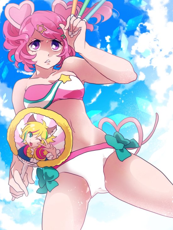1girl ;d animal_ears aqua_bow aqua_eyes armpits bandeau bangs bikini blonde_hair blue_sky bow bow_bikini breasts chestnut_mouth clenched_teeth cowboy_shot cravat crotch day fan flipped_hair from_below fur_trim glowstick hair_ornament hairclip hand_up heart heart_hair_ornament heart_tail holding holding_fan legs_apart maruboku multicolored_hair navel one_eye_closed open_mouth outdoors paper_fan pig_ears pig_macaron_(show_by_rock!!) pig_tail pink_bikini pink_hair serious short_hair short_twintails show_by_rock!! shu_zo_(show_by_rock!!) sky small_breasts smile solo standing star star_hair_ornament star_print strapless strapless_bikini streaked_hair striped swept_bangs swimsuit tail teeth twintails uchiwa v violet_eyes wavy_hair