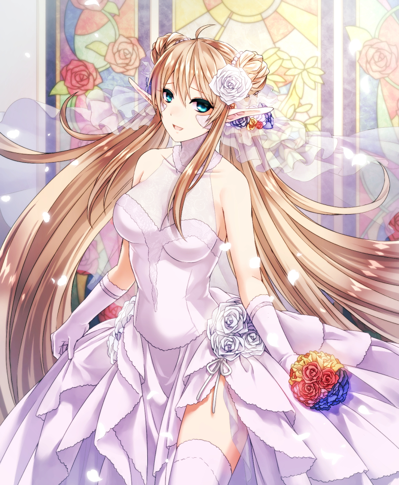 1girl ahoge asada_ryou bare_shoulders blonde_hair blue_eyes bouquet breasts bridal_veil cardfight!!_vanguard cowboy_shot double_bun dress elf flower gloves hair_flower hair_ornament leading_jewel_knight_salome long_hair low_twintails medium_breasts parted_lips pointy_ears rose sideboob smile solo stained_glass thigh-highs twintails veil very_long_hair wedding_dress white_dress white_gloves white_legwear white_rose