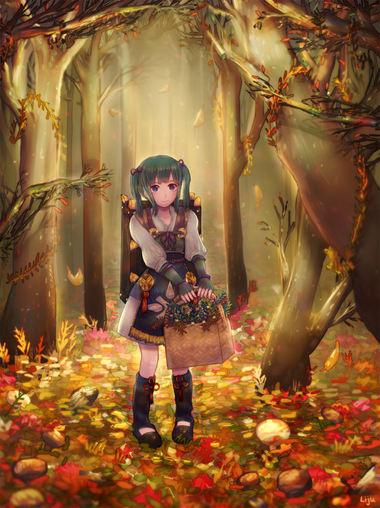 1girl autumn_leaves basket fire_emblem fire_emblem_if forest green_hair herb medicine_box midoriko_(fire_emblem_if) nature solo stone tree twintails