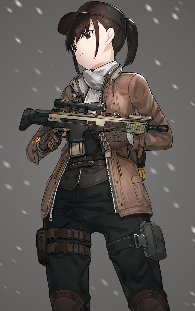 1girl assault_rifle baseball_cap brown_eyes brown_hair gloves grey_background gun hat heckler_&amp;_koch hk416 holding holding_weapon jacket kfr pants ponytail rifle scarf scope snow solo thigh_strap tom_clancy's_the_division trigger_discipline unzipped weapon