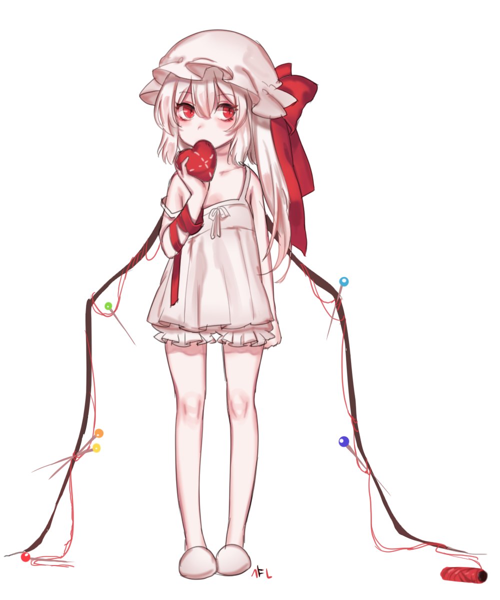 1girl albino alternate_costume alternate_hair_color arm_at_side arm_ribbon camisole female flandre_scarlet full_body hat hat_ribbon heart highres knees legs long_ponytail mob_cap pins red_eyes ribbon short_hair side_ponytail signature simple_background slippers slit_pupils solo stitched strap_slip thread tis_(shan0x0shan) touhou white_background white_hair yarn