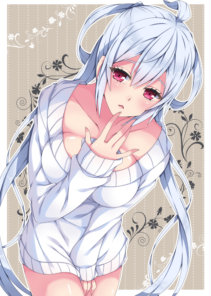 1girl ahoge blue_hair breasts cleavage collarbone long_hair looking_at_viewer matoi_(pso2) milkpanda naked_sweater phantasy_star phantasy_star_online_2 pink_eyes solo sweater twintails white_sweater