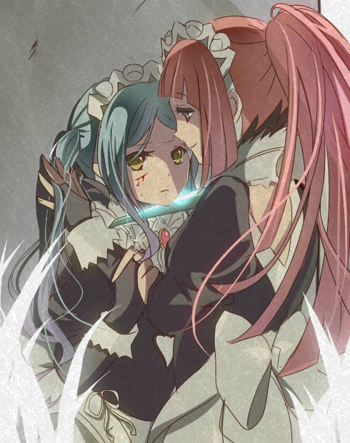 2girls against_wall bangs blood blood_on_face blue_hair dagger felicia_(fire_emblem_if) fire_emblem fire_emblem_if flora_(fire_emblem_if) hand_on_another's_hand injury jewelry maid maid_headdress multiple_girls pink_hair ponytail rojiura-cat shadow sidelocks smile weapon yellow_eyes
