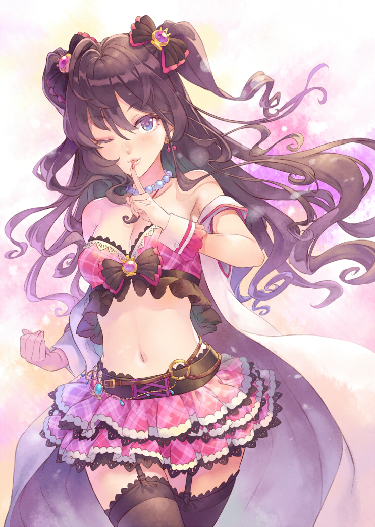 1girl ahoge bare_shoulders belt black_legwear blue_eyes blush bow breasts brown_hair cleavage earrings garter_straps hair_bow ichinose_shiki idolmaster idolmaster_cinderella_girls jewelry long_hair looking_at_viewer midriff navel one_eye_closed parted_lips skirt smile solo terumii thigh-highs twintails two_side_up wrist_cuffs zettai_ryouiki