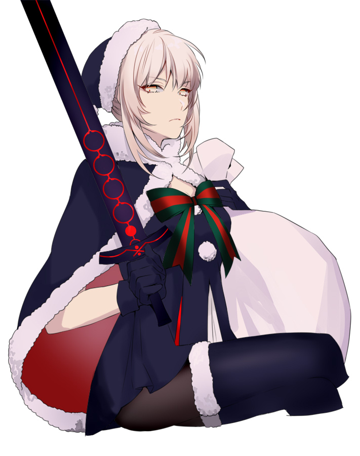 &gt;:( 1girl black_dress black_gloves black_legwear bow bowtie cape closed_mouth commentary commentary_request dark_excalibur dress fate/grand_order fate_(series) from_side fur_trim gloves hat holding holding_sword holding_weapon looking_at_viewer looking_to_the_side pantyhose pom_pom_(clothes) saber saber_alter sack santa_alter santa_hat serious short_dress silver_hair sitting solo sunahara_(toki0707) sword thigh-highs weapon yellow_eyes