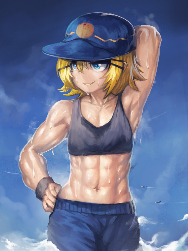 1girl abs armpits giantess hat kagamine_rin muscle muscular_female solo sports_bra sweat upper_body vocaloid yilx