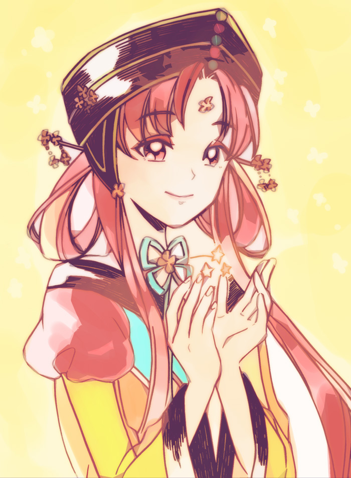 1girl bishoujo_senshi_sailor_moon closed_mouth facial_mark forehead_mark hair_ornament hair_rings hair_stick hat looking_at_viewer multiple_sleeves princess_kakyuu red_eyes redhead sidelocks smile solo tonokichi wide_sleeves