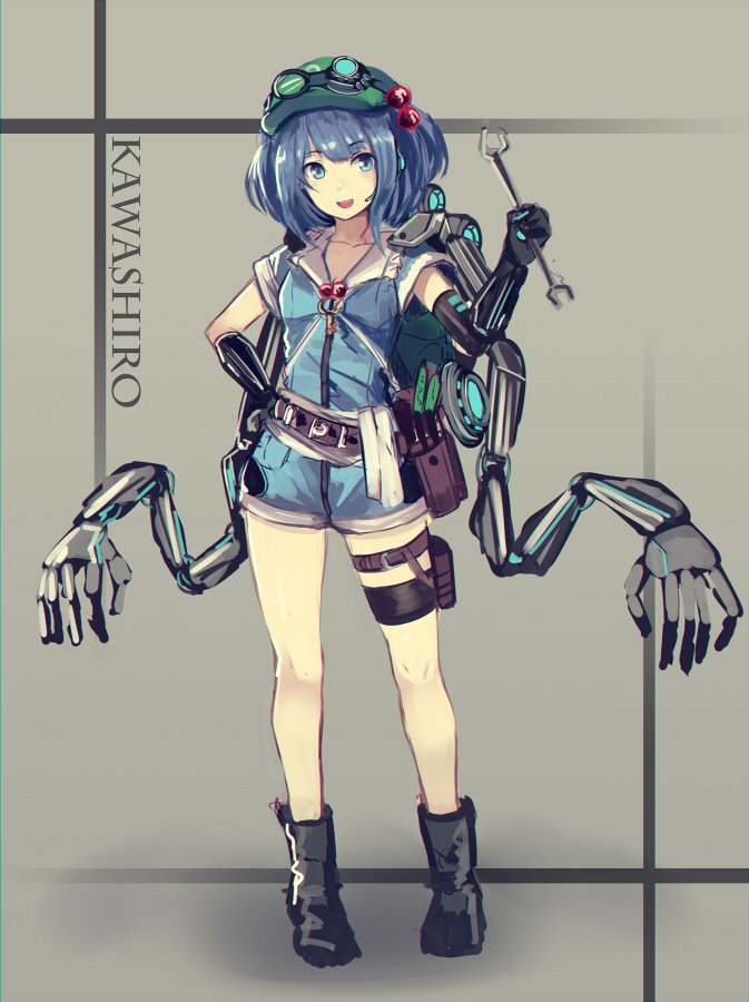 1girl adapted_costume backpack bag bangs belt black_gloves blue_hair boots breasts cabbie_hat character_name elbow_gloves gloves goggles goggles_on_headwear green_hat grey_background hand_on_hip hat kawashiro_nitori key legs looking_at_viewer mechanical_arm nakaichi_(ridil) open_mouth shiny shiny_hair short_hair short_sleeves shorts sketch small_breasts smile solo thigh_strap thighs touhou two_side_up wrench
