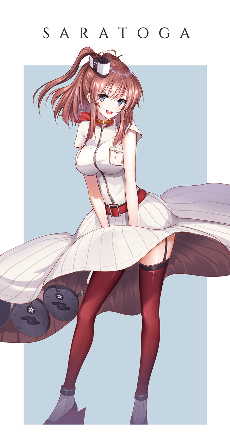 1girl belt blue_eyes breast_pocket breasts brown_hair character_name dress dress_tug full_body garter_straps hair_over_shoulder highres kantai_collection large_breasts long_hair looking_at_viewer magazine_(weapon) meaomao open_mouth red_legwear saratoga_(kantai_collection) short_sleeves side_ponytail sidelocks sketch skirt solo striped the_seven-year_itch thigh-highs tongue vertical-striped_dress vertical-striped_skirt vertical_stripes white_dress