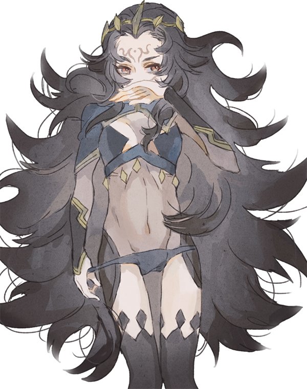 1girl big_hair black_hair bodysuit breasts circlet cleavage facial_mark fire_emblem fire_emblem_if forehead_mark long_hair navel nyx_(fire_emblem_if) panties panty_pull red_eyes revealing_clothes small_breasts solo thigh-highs underwear ustes_asa very_long_hair