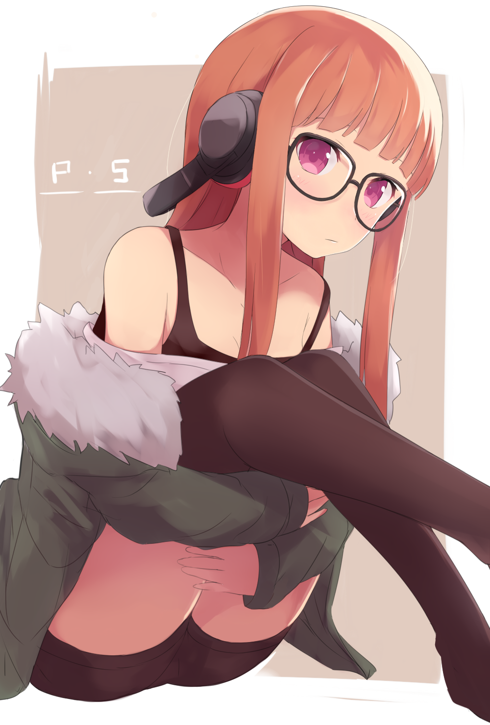 1girl glasses headphones highres ichijou_(kr_neru0) jacket long_hair orange_hair persona persona_5 sakura_futaba shorts