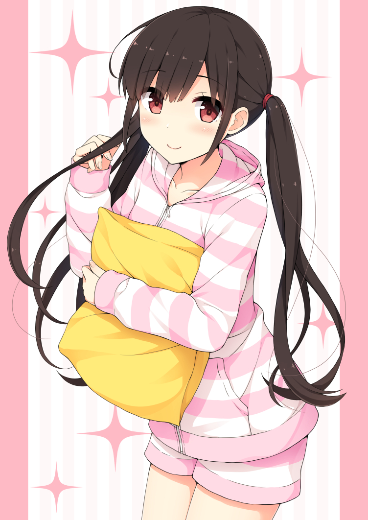 1girl black_hair brown_eyes eyebrows eyebrows_visible_through_hair hood hoodie long_hair looking_at_viewer loungewear nakamura_sumikage original pillow pillow_hug smile solo sparkle sparkle_background striped striped_background twintails vertical-striped_background vertical_stripes