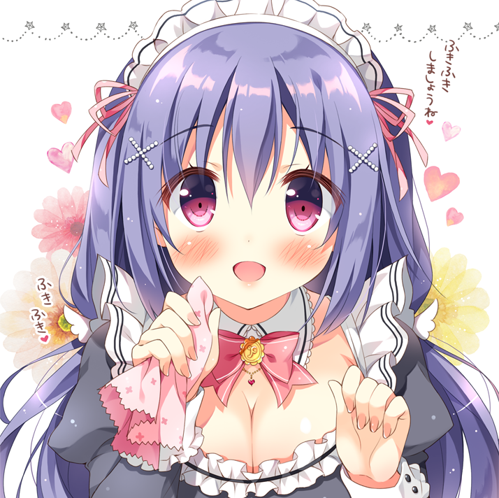 1girl :d bangs blush bow bowtie breasts cleavage clenched_hands cloth commentary_request detached_collar eyebrows eyebrows_visible_through_hair hair_ornament heart juliet_sleeves long_hair long_sleeves looking_at_viewer low_neckline maid maid_headdress nail_polish open_mouth original pan_(mimi) pink_bow pink_bowtie pink_nails pink_ribbon puffy_sleeves purple_hair ribbon smile solo translation_request twintails upper_body violet_eyes x_hair_ornament