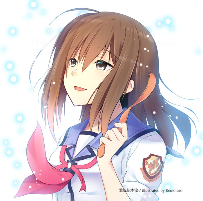 1girl alternate_hairstyle angel_beats! artist_name badge brown_eyes brown_hair hair_down hisako_(angel_beats!) long_hair looking_up neckerchief red_neckerchief remotaro school_uniform serafuku sleeves_rolled_up sparkle tears