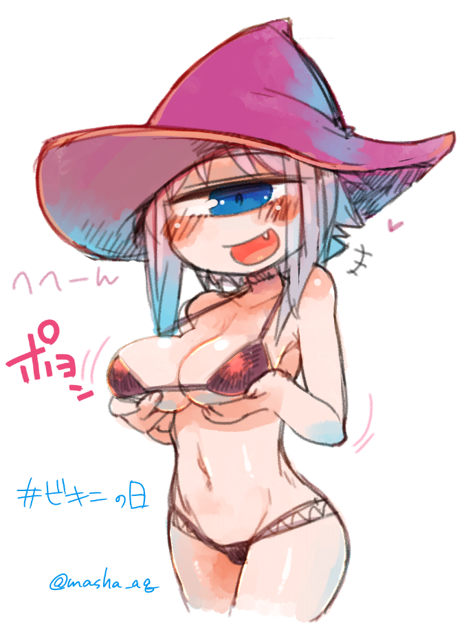 1girl :d bikini blue_eyes blush breast_hold breasts cowboy_shot cropped_legs cyclops fang hat large_breasts looking_at_viewer masha motion_lines one-eyed open_mouth original purple_hair simple_background sketch smile solo swimsuit translation_request white_background wizard_hat