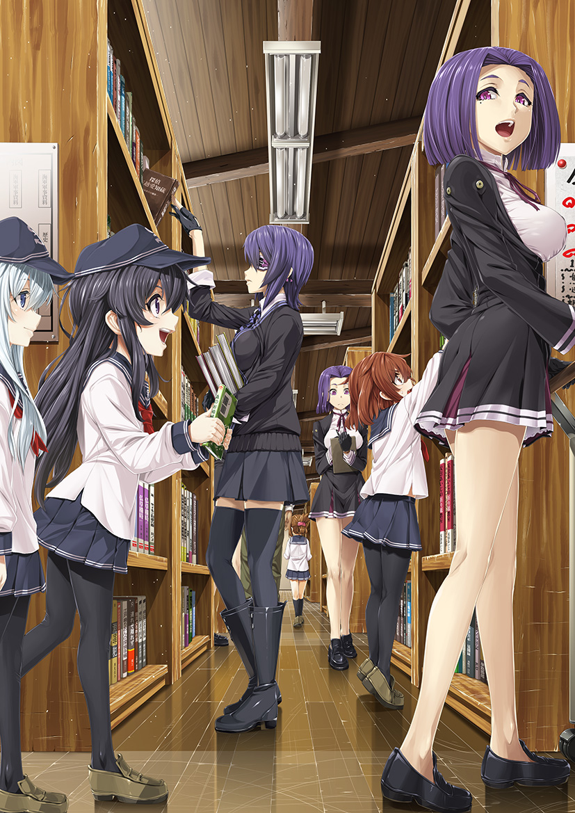 6+girls :d akatsuki_(kantai_collection) anchor_print arm_at_side arm_up back bangs bare_legs black_boots black_cardigan black_dress black_gloves black_hair black_hat black_jacket black_legwear black_shoes black_skirt blouse blue_eyes board bob_cut book boots breast_press breasts brown_eyes brown_hair brown_shoes carrying ceiling ceiling_light checkered checkered_necktie clone closed_mouth collared_shirt dress eyepatch fang flat_cap floor fluorescent_lamp folded_ponytail from_side frown gloves hair_ornament hairclip hand_up hat hibiki_(kantai_collection) holding holding_book ifuji_shinsen ikazuchi_(kantai_collection) inazuma_(kantai_collection) indoors jacket kantai_collection kneehighs large_breasts library light_particles long_hair long_sleeves looking_at_another looking_at_viewer medium_breasts miniskirt mole mole_under_eye multiple_girls neck_ribbon neckerchief necktie no_headgear no_socks open_mouth pantyhose parted_bangs parted_lips partly_fingerless_gloves pleated_skirt print_hat profile purple_hair purple_ribbon pushing_cart reaching red_necktie ribbon running_bond school_uniform serafuku shirt shoes silver_hair skirt smile standing sweat tatsuta_(kantai_collection) tenryuu_(kantai_collection) thigh-highs tiptoes walking wall white_blouse white_shirt wooden_floor writing zettai_ryouiki