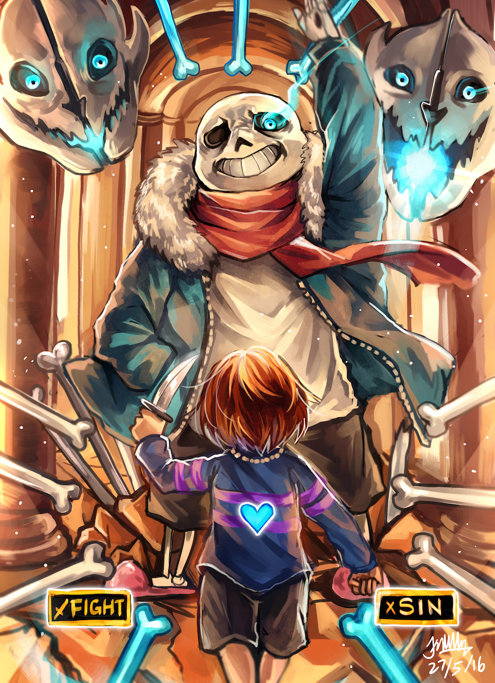 1boy androgynous arch arm_up back black_sclera blue_eyes blue_jacket blue_sweater bone brown_hair dated frisk_(undertale) fur-lined_jacket glowing glowing_eye grin hand_in_pocket heart highres holding holding_weapon hollow_eyes jacket jewelry k_ptn knife legs_apart light_particles long_sleeves looking_at_another motion_blur necklace open_clothes open_jacket pillar pink_slippers red_scarf sans scarf short_hair shorts signature size_difference skeleton slippers smile spoilers standing striped striped_sweater sweater teeth undertale weapon