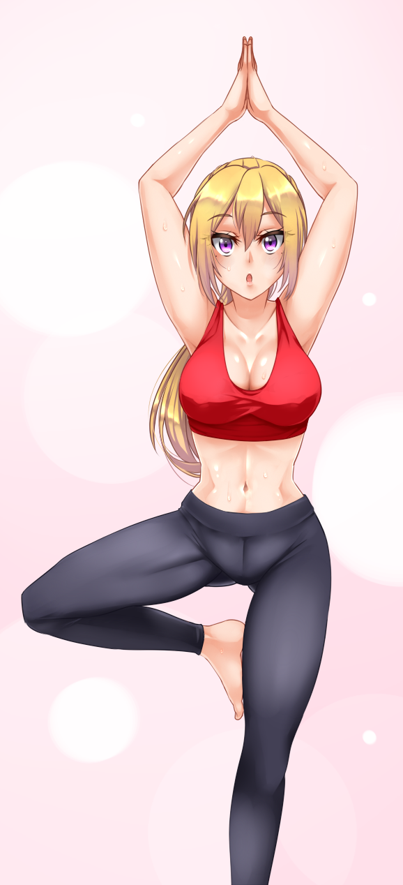 1girl arms_up barefoot blonde_hair breasts cleavage highres hot kawakami_mai midriff mole musaigen_no_phantom_world navel open_mouth pants pink_background ponytail solo standing standing_on_one_leg sweat tank_top twrlare violet_eyes yoga yoga_pants