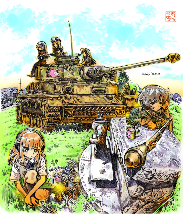 5girls akiyama_yukari alternate_costume anglerfish arm_support artist_name backlighting black_hair brown_eyes brown_hair car clouds cup dated day fisheye girls_und_panzer graphite_(medium) grass ground_vehicle hairband hat hatch headphones headset house isuzu_hana kneeling leaning_forward lens_flare long_hair military military_uniform military_vehicle mixed_media morse_code motor_vehicle mug multiple_girls neck_ribbon nishizumi_miho panzerfaust panzerkampfwagen_iv peaked_cap radio reizei_mako ribbon road school_uniform short_hair signature sitting sky takebe_saori tank town traditional_media uniform weapon well