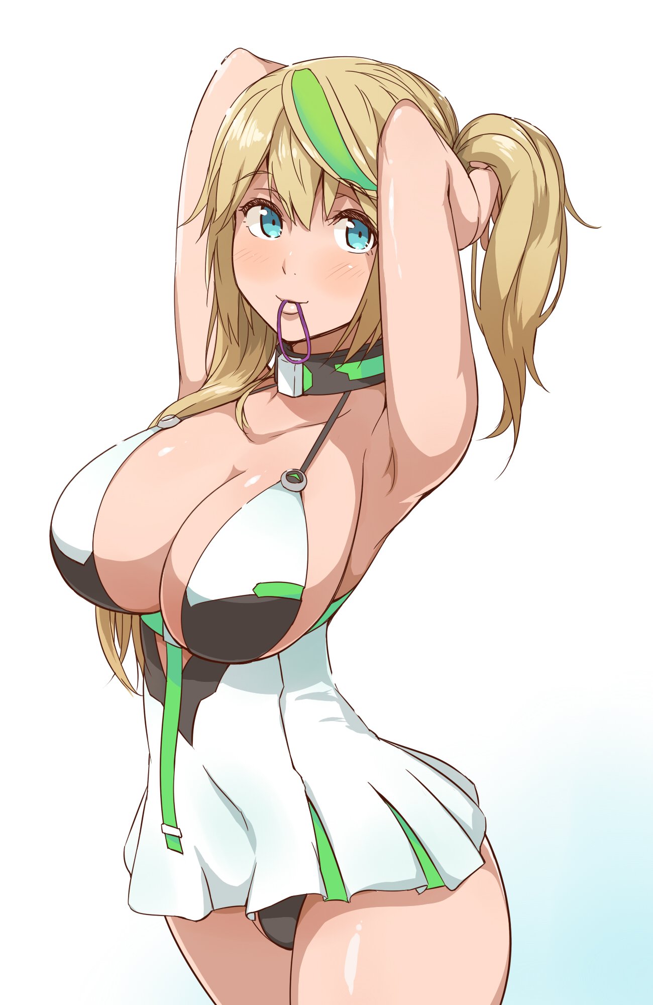 1girl armpits arms_up bare_shoulders black_panties blonde_hair blue_eyes blush breasts cleavage gene_(pso2) gradient gradient_background green_hair hair_between_eyes highres large_breasts long_hair looking_at_viewer mouth_hold multicolored_hair panties phantasy_star phantasy_star_online_2 simple_background solo tokiwa_mmm twintails two-tone_hair tying_hair underwear