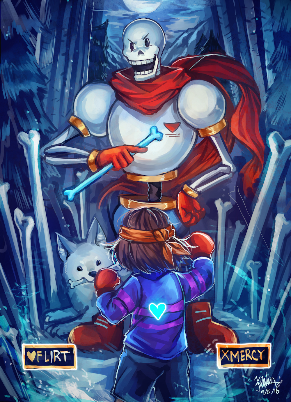 &gt;:d :d androgynous animal annoying_dog back black_eyes blue_shorts blue_sweater bone boots boxing_gloves brown_hair clouds dated dog fighting_stance forest frisk_(undertale) gloves glowing hand_on_hip headband heart highres holding holding_weapon k_ptn legs_apart long_sleeves looking_at_another moon mouth_hold nature night night_sky open_mouth outdoors papyrus_(undertale) pine_tree planted_bone red_boots red_gloves red_scarf scarf short_hair shorts signature size_difference skeleton sky smile standing striped striped_sweater sweater tree undertale weapon