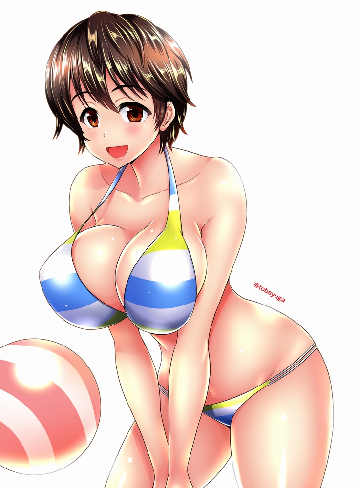 1girl :d ball bangs bare_arms bare_shoulders beachball bikini black_hair blue_bikini blush breast_press breast_squeeze breasts brown_eyes cleavage collarbone cowboy_shot from_side green_bikini groin hands_together happy hips horizontal_stripes idolmaster idolmaster_cinderella_girls large_breasts leaning_forward legs_apart looking_at_viewer oikawa_shizuku open_mouth shiny shiny_hair shiny_skin short_hair sideboob smile solo standing strap_gap striped striped_bikini striped_swimsuit swimsuit thighs twitter_username umasan v_arms white_background white_bikini