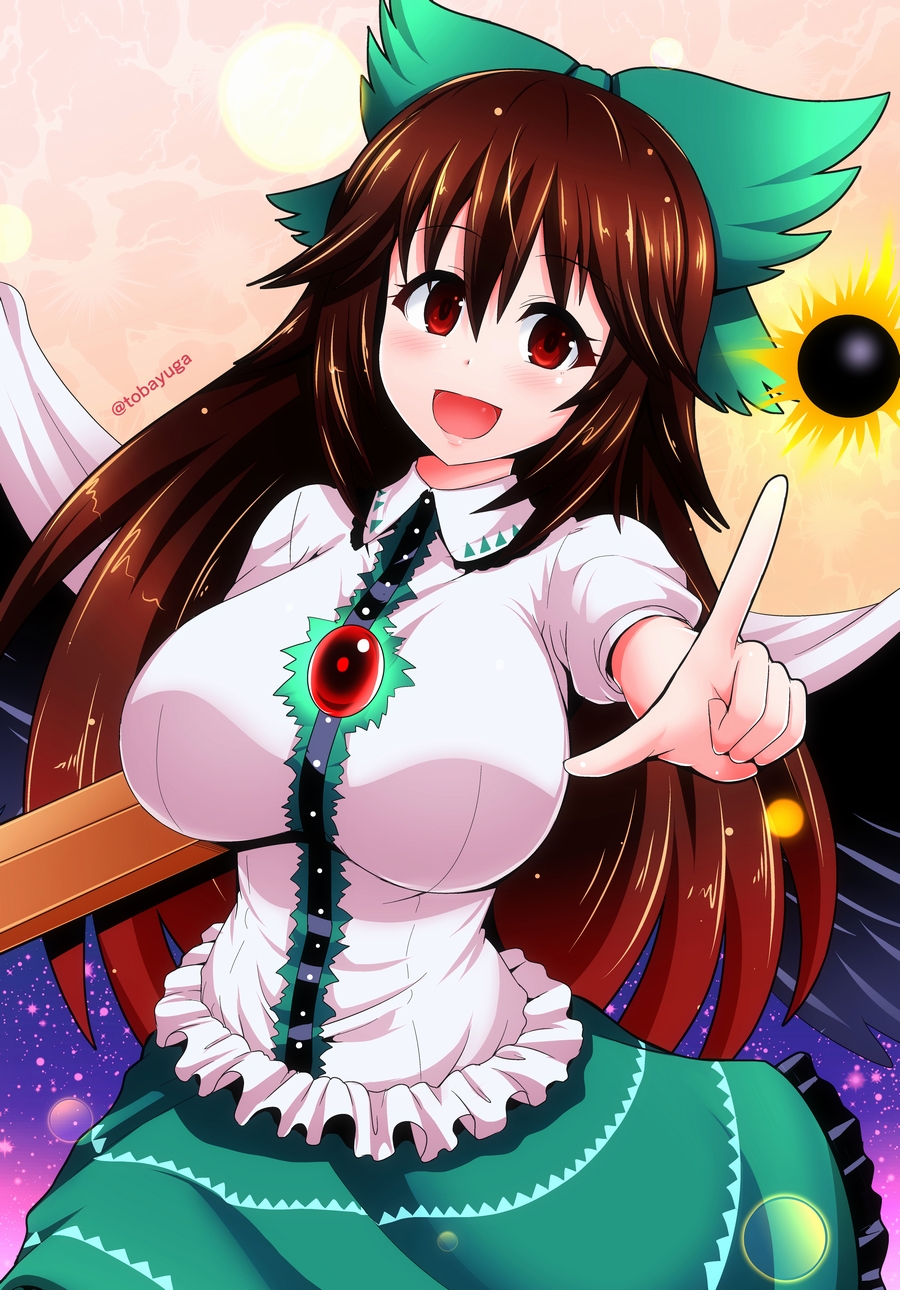 1girl :d arm_cannon bangs bird_wings black_wings blush bow breasts brown_hair cape cowboy_shot dress_shirt feathered_wings foreshortening frilled_shirt frilled_skirt frills green_bow green_skirt hair_between_eyes hair_bow highres large_breasts long_hair looking_at_viewer open_mouth pointing pointing_at_viewer puffy_short_sleeves puffy_sleeves red_eyes reiuji_utsuho shirt short_sleeves sidelocks skirt smile solo third_eye touhou twitter_username umasan weapon white_shirt wings