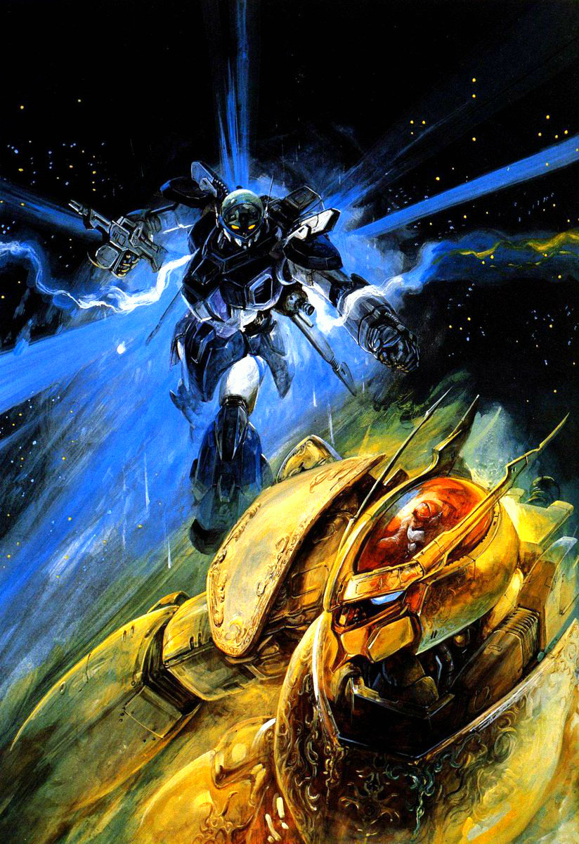 80s antennae armor battle blue_comet_spt_layzner canopy cockpit energy gun helmet highres layzner mecha official_art oldschool pilot pilot_suit promotional_art realistic scan science_fiction space spacesuit spoilers star_(sky) takani_yoshiyuki traditional_media weapon zakaal zero_gravity