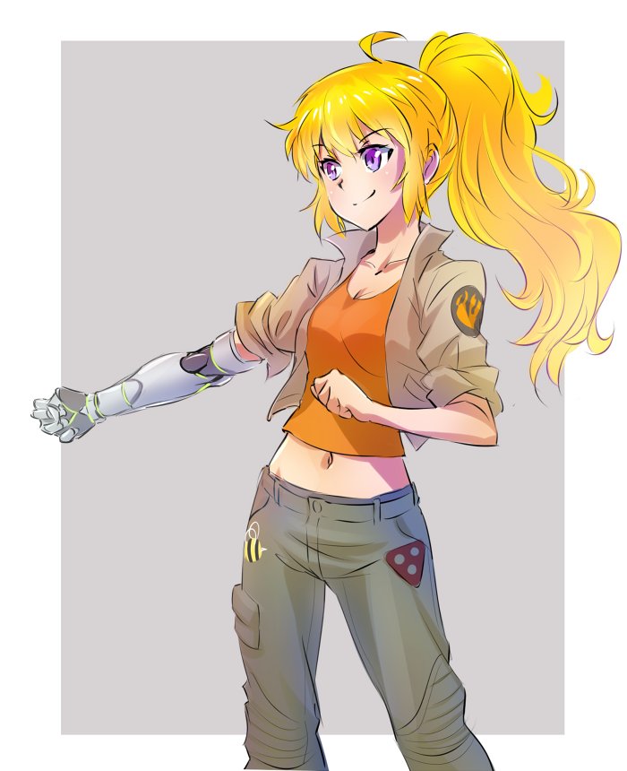 1girl automail blonde_hair clenched_hands cyborg female iesupa jacket long_hair mechanical_arm midriff navel pants ponytail rwby sleeves_rolled_up smile solo spoilers violet_eyes yang_xiao_long