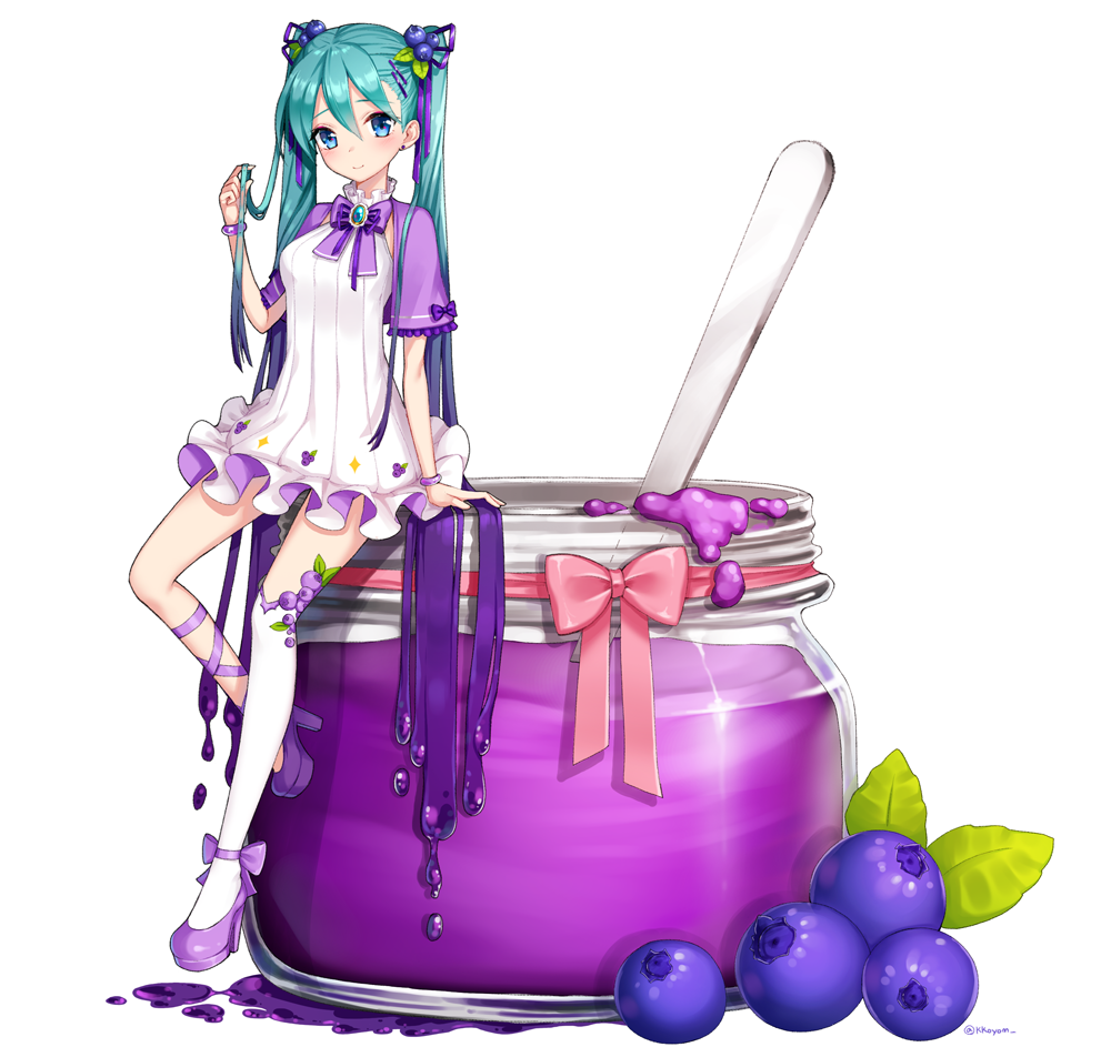 1girl ango asymmetrical_legwear blue_eyes blue_hair blueberry blueberry_hair_ornament bow bowtie bracelet capelet dress dripping food food_themed_clothes food_themed_hair_ornament frilled_dress frills fruit full_body gradient_hair hair_ornament hairpin halterneck hatsune_miku high_heels holding holding_hair jam jar jewelry leaf leg_ribbon long_hair looking_at_viewer multicolored_hair platform_footwear purple_bow purple_bowtie purple_hair purple_ribbon purple_shoes red_bow ribbon shoe_bow shoes simple_background sitting smile solo twintails twitter_username very_long_hair vocaloid white_background white_dress white_legwear