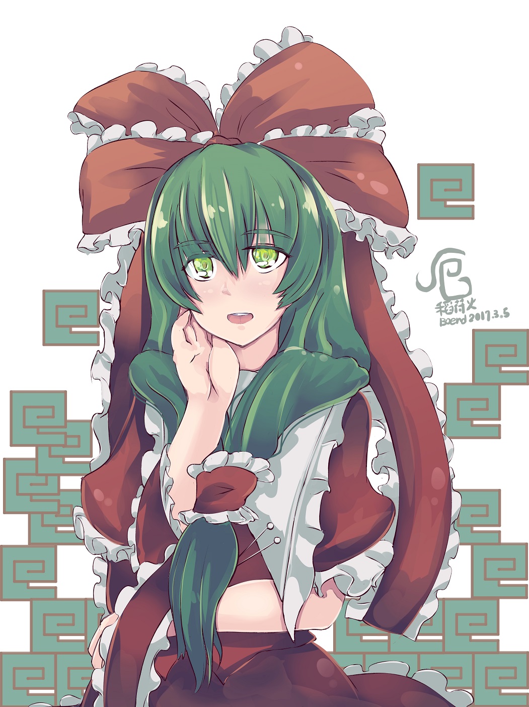 1girl :d arm_ribbon b.d bangs bow dress frills front_ponytail green_eyes green_hair hair_bow hair_ribbon highres kagiyama_hina long_hair looking_at_viewer open_mouth red_bow red_dress red_ribbon ribbon smile solo touhou upper_body