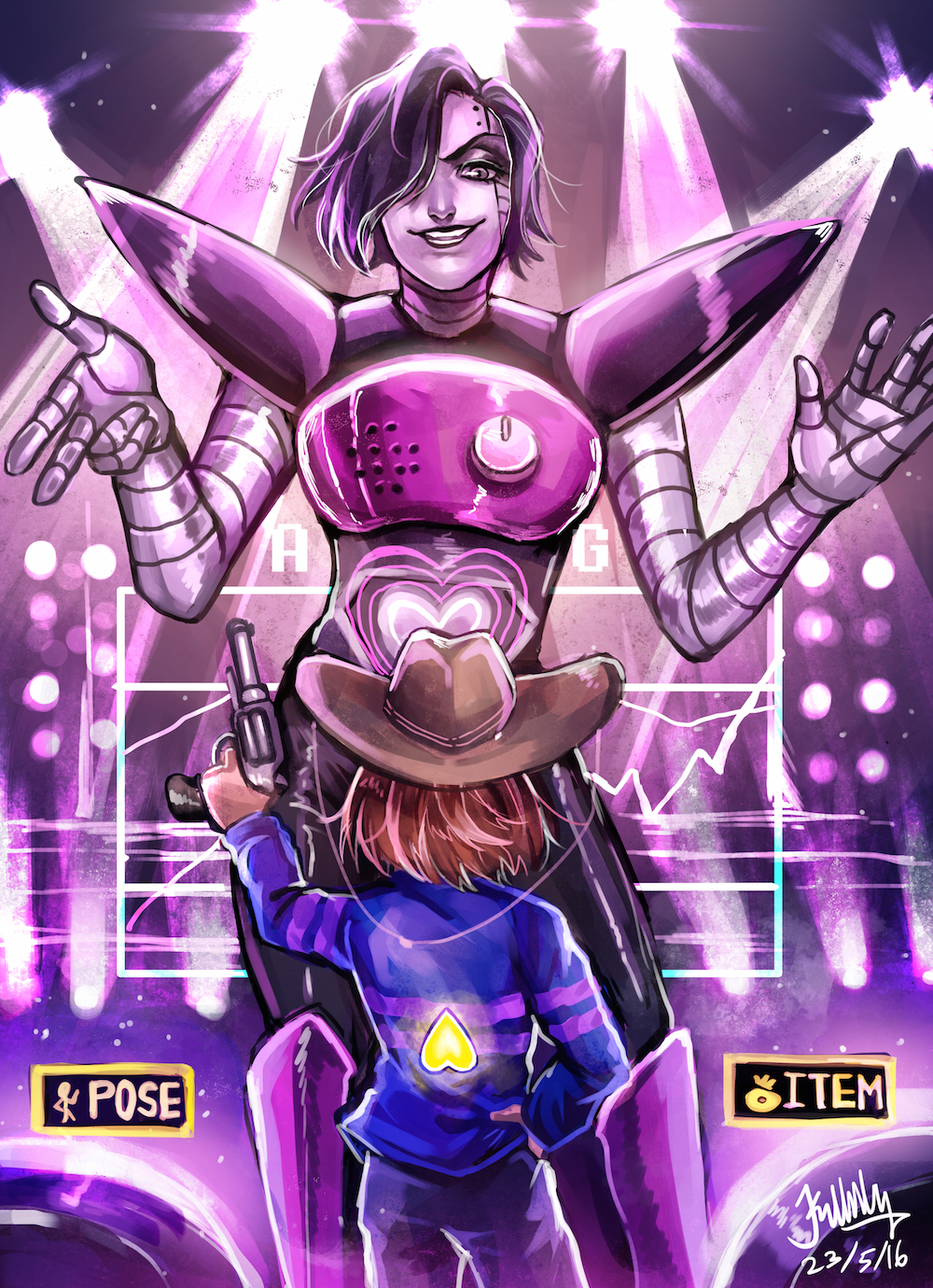 2others androgynous android back black_hair blue_sweater brown_hair brown_hat cowboy_hat dated finger_on_trigger frisk_(undertale) glowing grin gun hair_over_one_eye hand_on_hip handgun hat heart highres holding holding_gun holding_weapon k_ptn long_sleeves looking_at_another mettaton mettaton_ex one_eye_covered short_hair signature size_difference smile stage stage_lights striped striped_sweater sweater undertale weapon