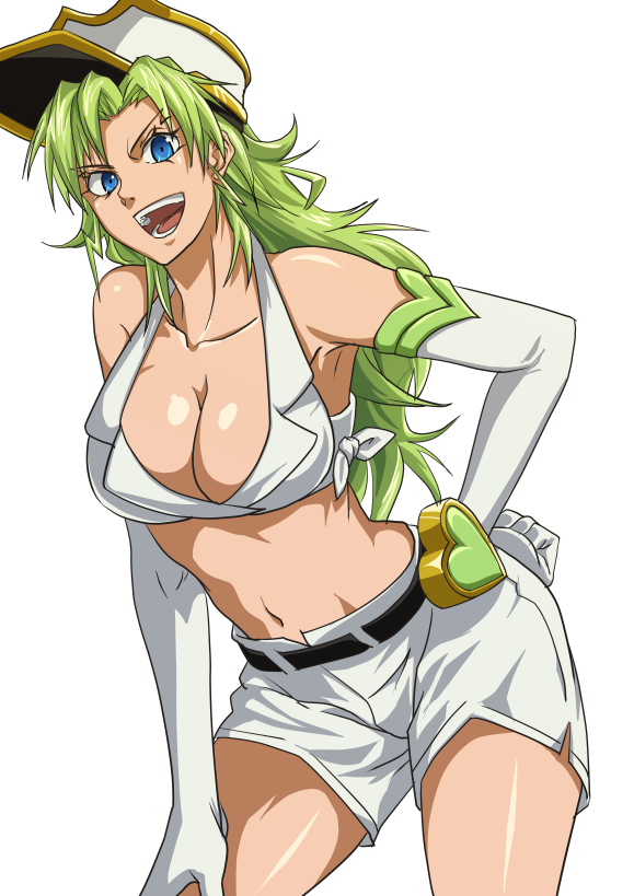 &gt;:d 1girl :d anime_coloring armpits bare_shoulders bleach blue_eyes breasts candice_catnipp cleavage collarbone contrapposto cowboy_shot elbow_gloves gloves green_hair groin hand_on_hip hat heart large_breasts leaning_forward long_hair looking_at_viewer medium_breasts military military_hat military_uniform namakemono_(u446644k) navel open_mouth peaked_cap shorts smile solo standing stomach uniform wandenreich white_background white_gloves