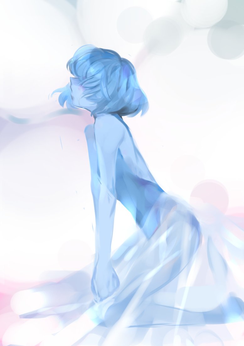 1girl blue_hair blue_pearl_(steven_universe) blue_skin chuong female gradient gradient_background hair_over_face long_skirt see-through see-through_skirt short_hair skirt solo steven_universe white_background