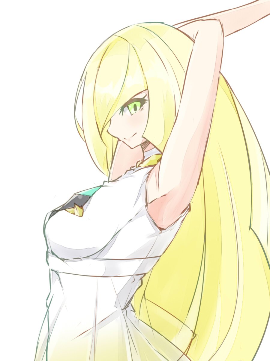 1girl armpits bare_arms blonde_hair breasts closed_mouth dress empty_eyes gem green_eyes hair_over_one_eye highres long_hair lusamine_(pokemon) mature medium_breasts pokemon pokemon_(game) pokemon_sm profile simple_background smile solo tsunakanten upper_body very_long_hair white_background white_dress