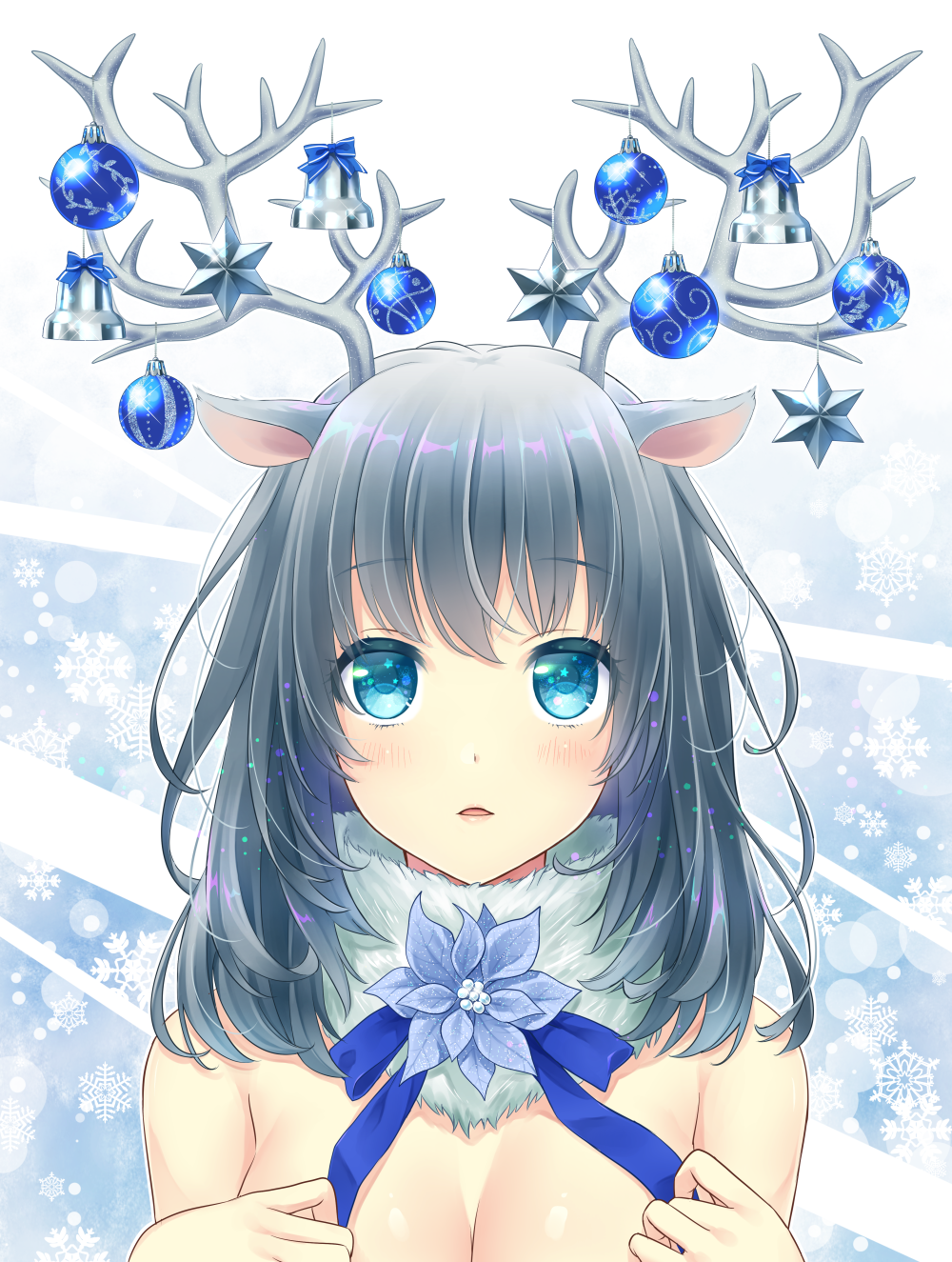 1girl antlers aqua_eyes bangs bare_shoulders bauble bell black_hair blue_bow blue_eyes blue_flower blue_ribbon blush bow breasts christmas christmas_ornaments cleavage commentary daidai_jamu eyebrows eyebrows_visible_through_hair grey_hair highres long_hair looking_up original parted_lips reindeer_antlers reindeer_ears ribbon shiny shiny_hair snowflake_background solo star tareme