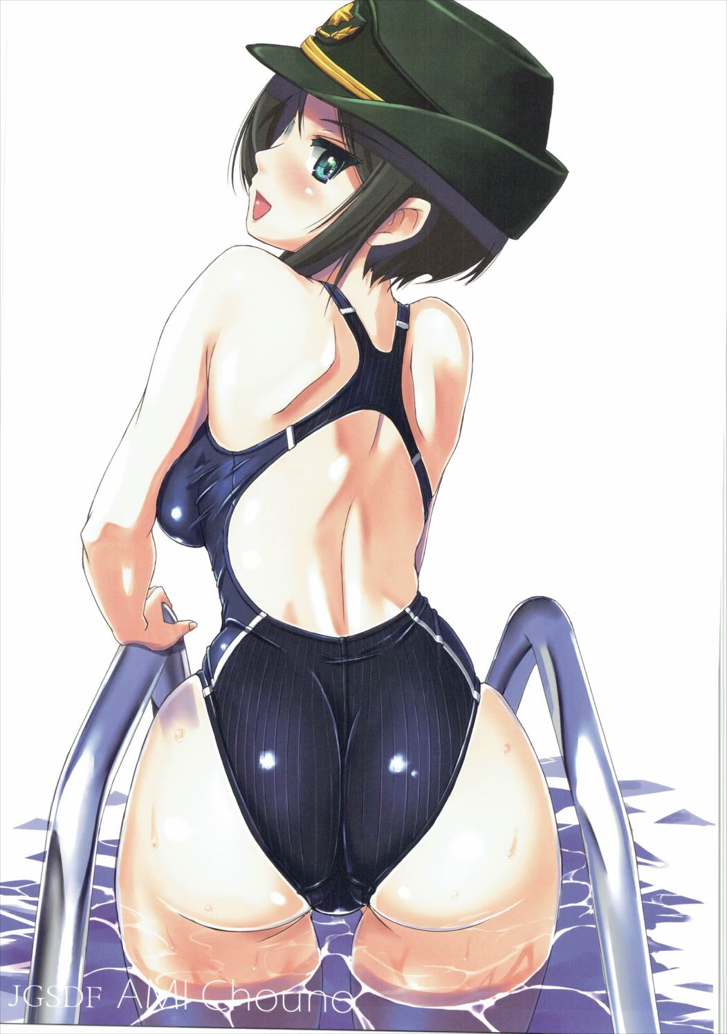 1girl ass black_eyes black_hair character_name chouno_ami competition_swimsuit english girls_und_panzer green_hat hat highres looking_at_viewer looking_back military_hat nenchi one-piece_swimsuit open_mouth pool scan short_hair smile solo standing swimsuit upper_body wading white_background