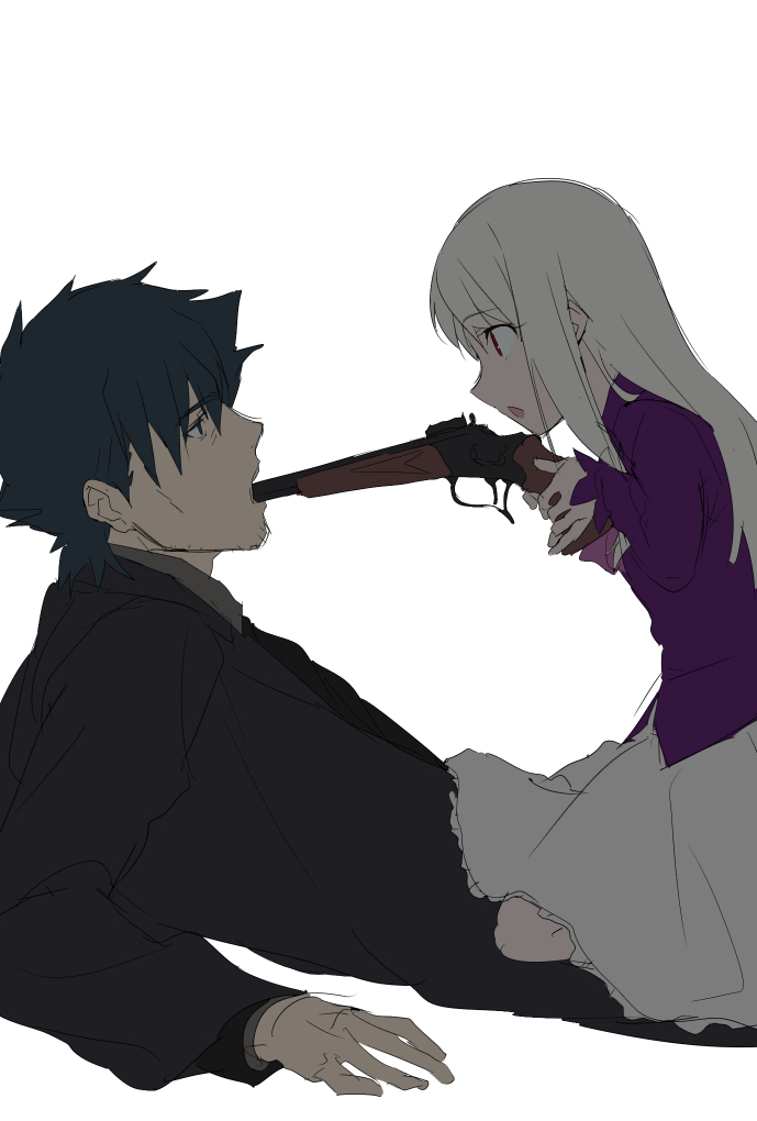 1boy 1girl artist_request black_eyes black_hair commentary_request emiya_kiritsugu eye_contact facial_hair fate/stay_night fate/zero fate_(series) father_and_daughter flat_color from_side gun gun_in_mouth holding holding_weapon illyasviel_von_einzbern labcoat long_hair looking_at_another lying necktie on_back open_mouth purple_shirt red_eyes shirt short_hair simple_background skirt stubble weapon white_background white_hair white_skirt
