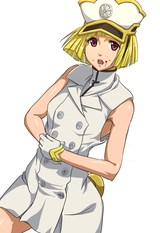 1girl anime_coloring armpits bangs bare_shoulders bleach blonde_hair blood blood_on_face blunt_bangs bob_cut dress gloves hat liltotto_lamperd looking_at_viewer military military_uniform namakemono_(u446644k) open_mouth red_eyes shirt short_dress short_hair sleeveless sleeveless_shirt solo uniform wandenreich white_background white_dress white_gloves
