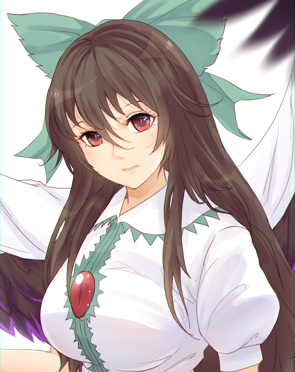 1girl bow breasts brown_hair cape expressionless green_bow hair_bow head_tilt highres lips long_hair looking_at_viewer puffy_sleeves red_eyes reiuji_utsuho solo touhou white_background wings x&amp;x&amp;x