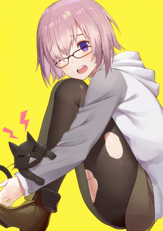 1girl angry ankle_boots black-framed_eyewear black_cat black_legwear blush boots brown_boots brown_skirt cat clenched_teeth fate/grand_order fate_(series) glasses grey_jacket hair_over_one_eye haru_(hiyori-kohal) hood hooded_jacket jacket knees_on_chest knees_up long_sleeves looking_to_the_side pantyhose pink_hair shielder_(fate/grand_order) short_hair simple_background sitting skirt solo sweatdrop teeth torn_clothes torn_pantyhose violet_eyes whiskers yellow_background