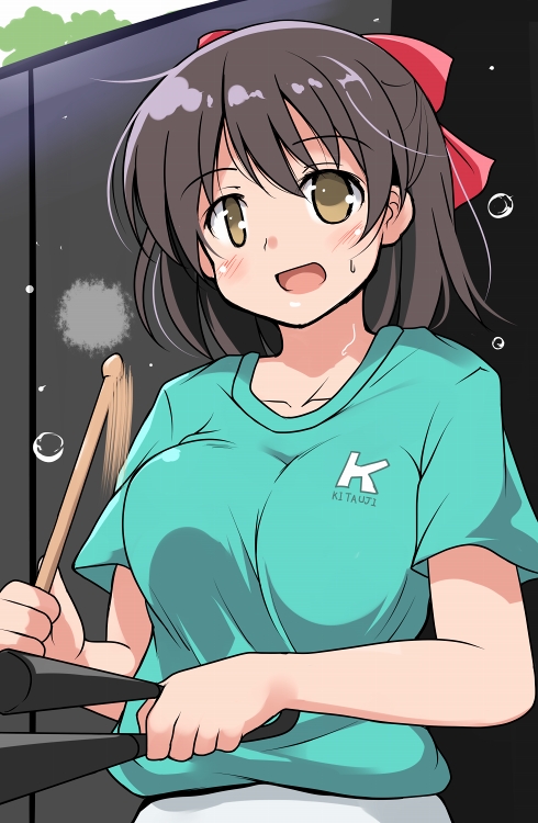 1girl :d agogo bell black_hair blue_shirt bow brown_eyes drumsticks extra hair_bow hibike!_euphonium instrument long_hair open_mouth sakai_masako shirt short_hair smile sweat t-shirt tsuzuri_(tuzuri)