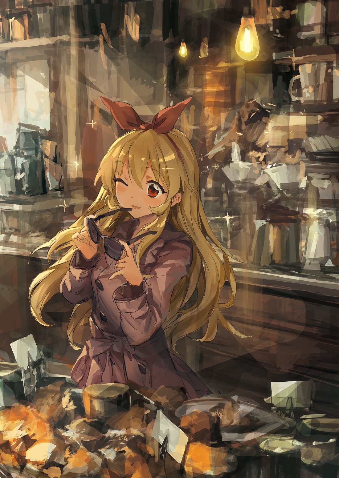 1girl blonde_hair bow coat commentary_request hair_between_eyes hair_bow hairband highres holding holding_sunglasses indoors light light_bulb lm7_(op-center) long_sleeves one_eye_closed original red_bow red_eyes smile solo standing sunglasses