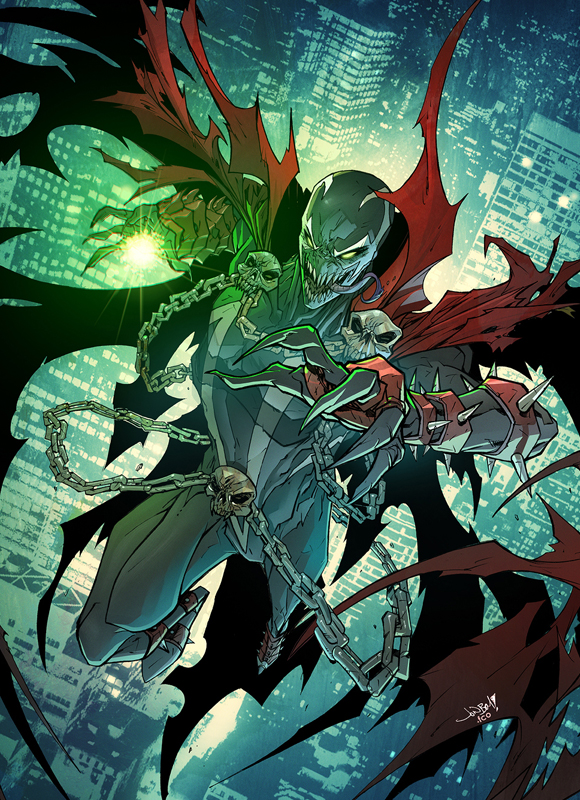 building cape chains comic demon flying glowing glowing_eyes green_eyes image_comics jonboy skull spawn spawn_(spawn) spikes superhero teeth tongue tongue_out town